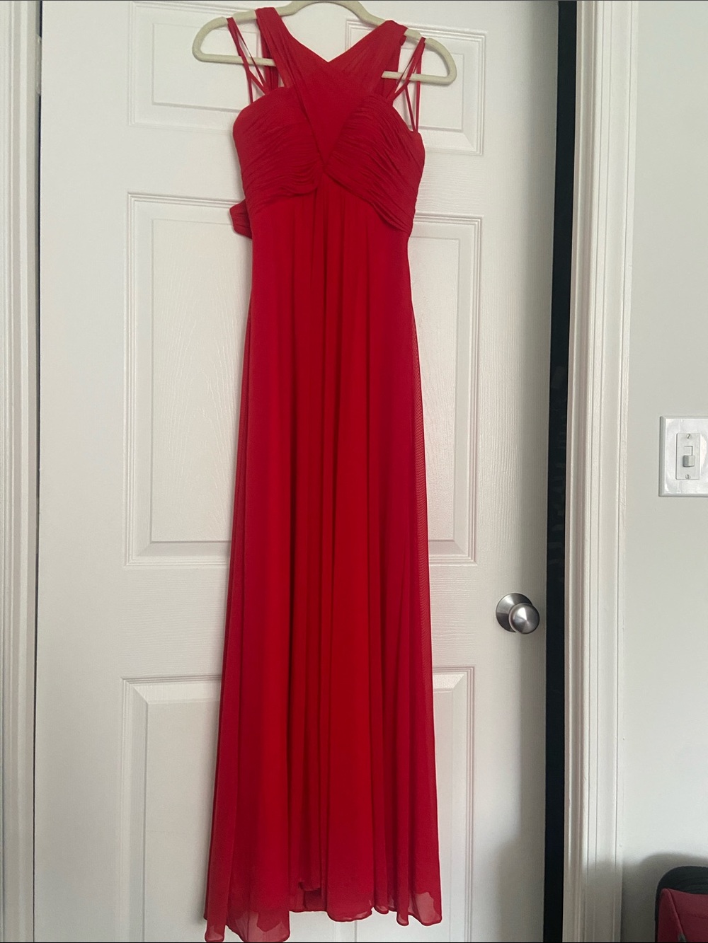 Faviana Red Sleeveless Evening Dress with Pleated Bodice